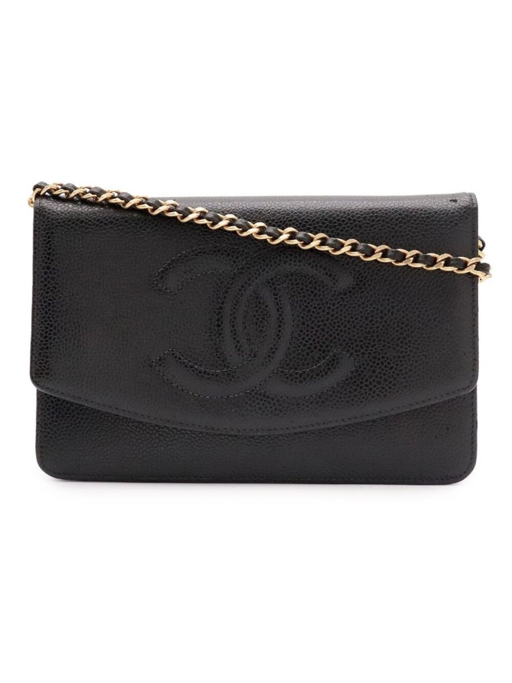 Chanel CC Logo Chain Wallet Shoulder Bag Pochette Caviar Leather Black Gold